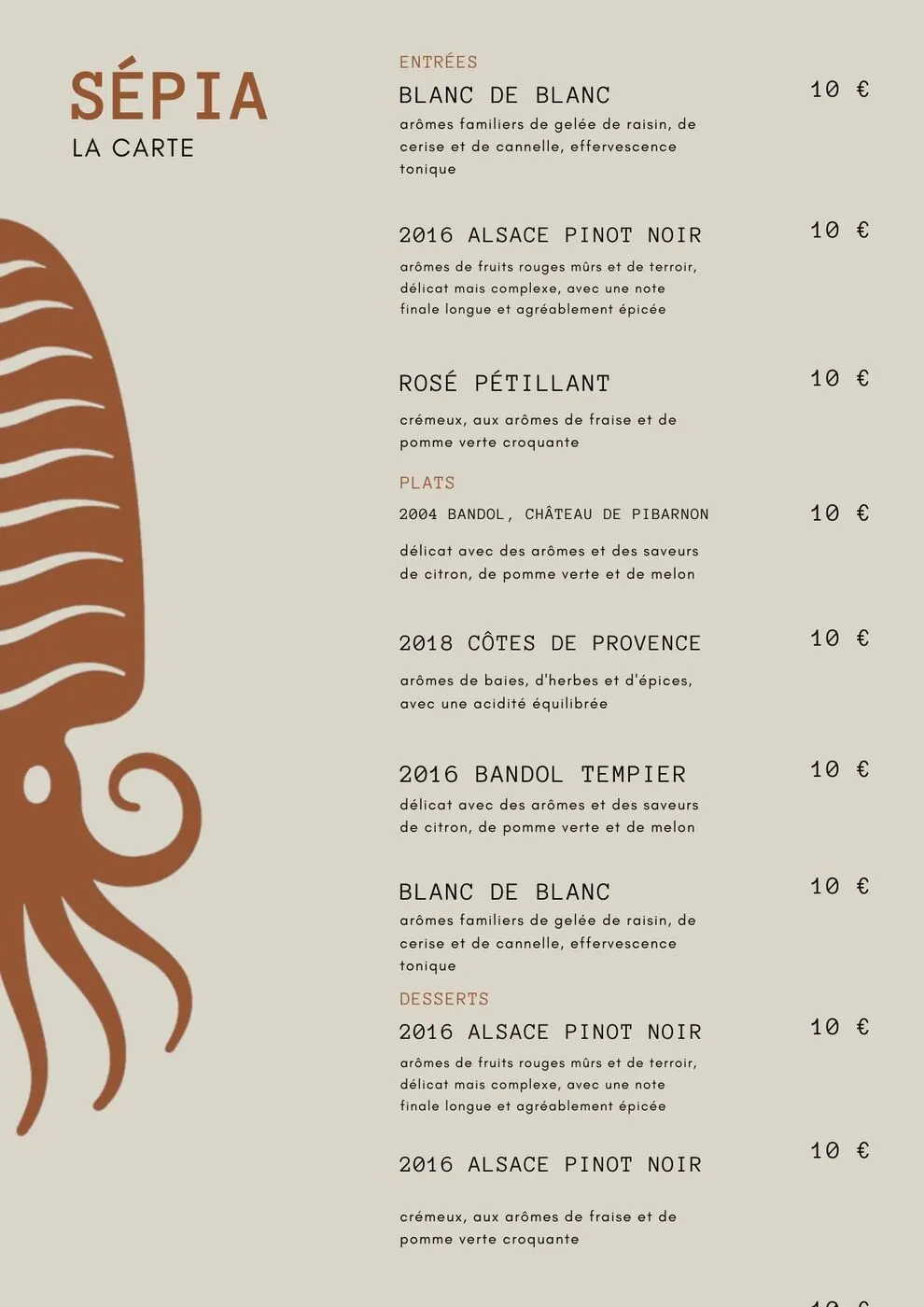 Carte du restaurant Sépia